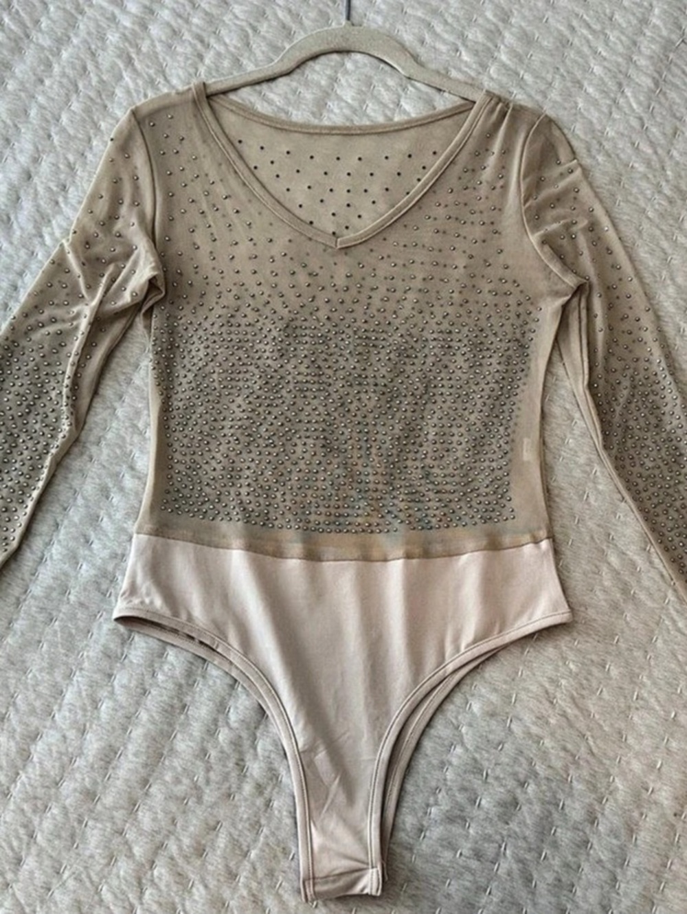 Free People Rhinestone Long Sleeve Bodysuit Nude New Small